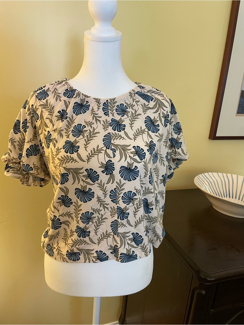 LOFT Outlet Cream Blouse with Blue Floral Print Scoop and Bow Back